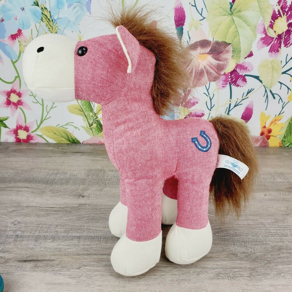 HugFun Horse Plush 14" Red Horseshoe Patch Pony Linen Canvas Stuffed Animal